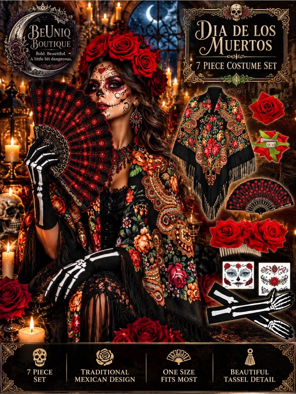 7 Pc Dia de los Muertos Costume Set Shawl Fan Gloves Roses Halloween
